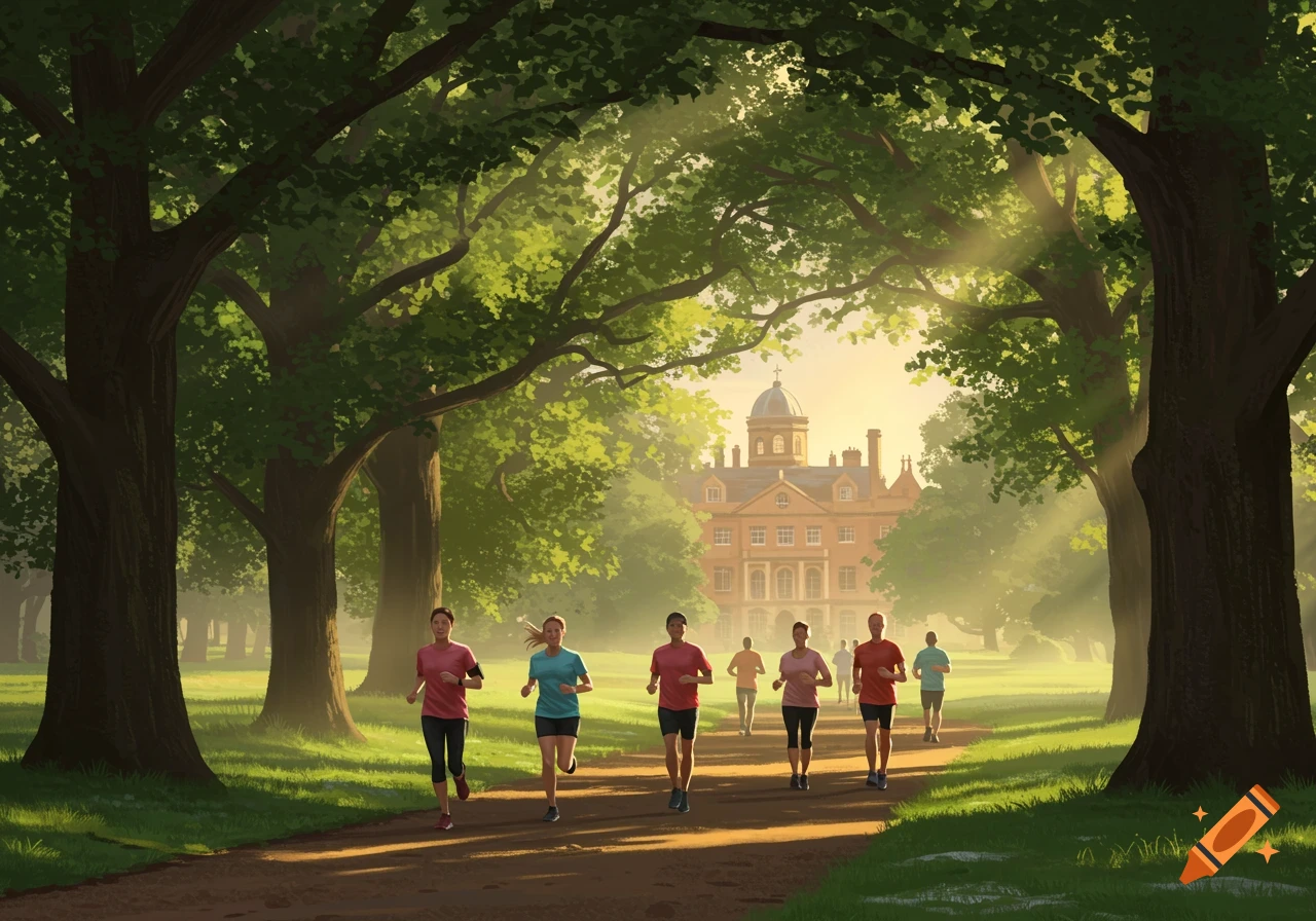 A group of people running on a dirt path through a park with large trees and a grand building in golden sunlight. Digital illustration.