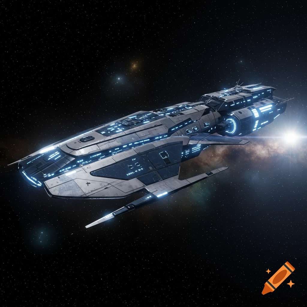 A photorealistic image of a futuristic, grey and blue spaceship with glowing lights, flying through a starry, dark cosmos.