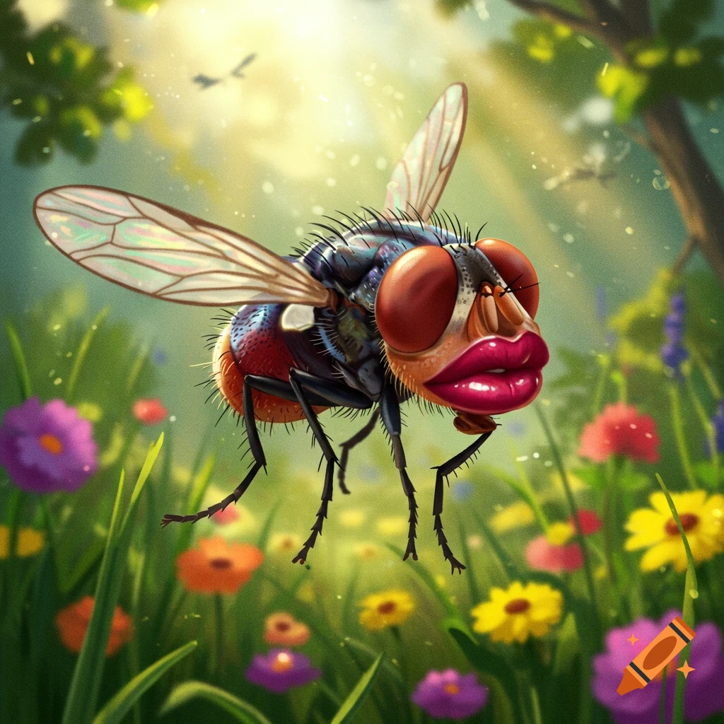A stylized fly with large red lips hovers in a vibrant field of colorful flowers under a bright, sunny sky.