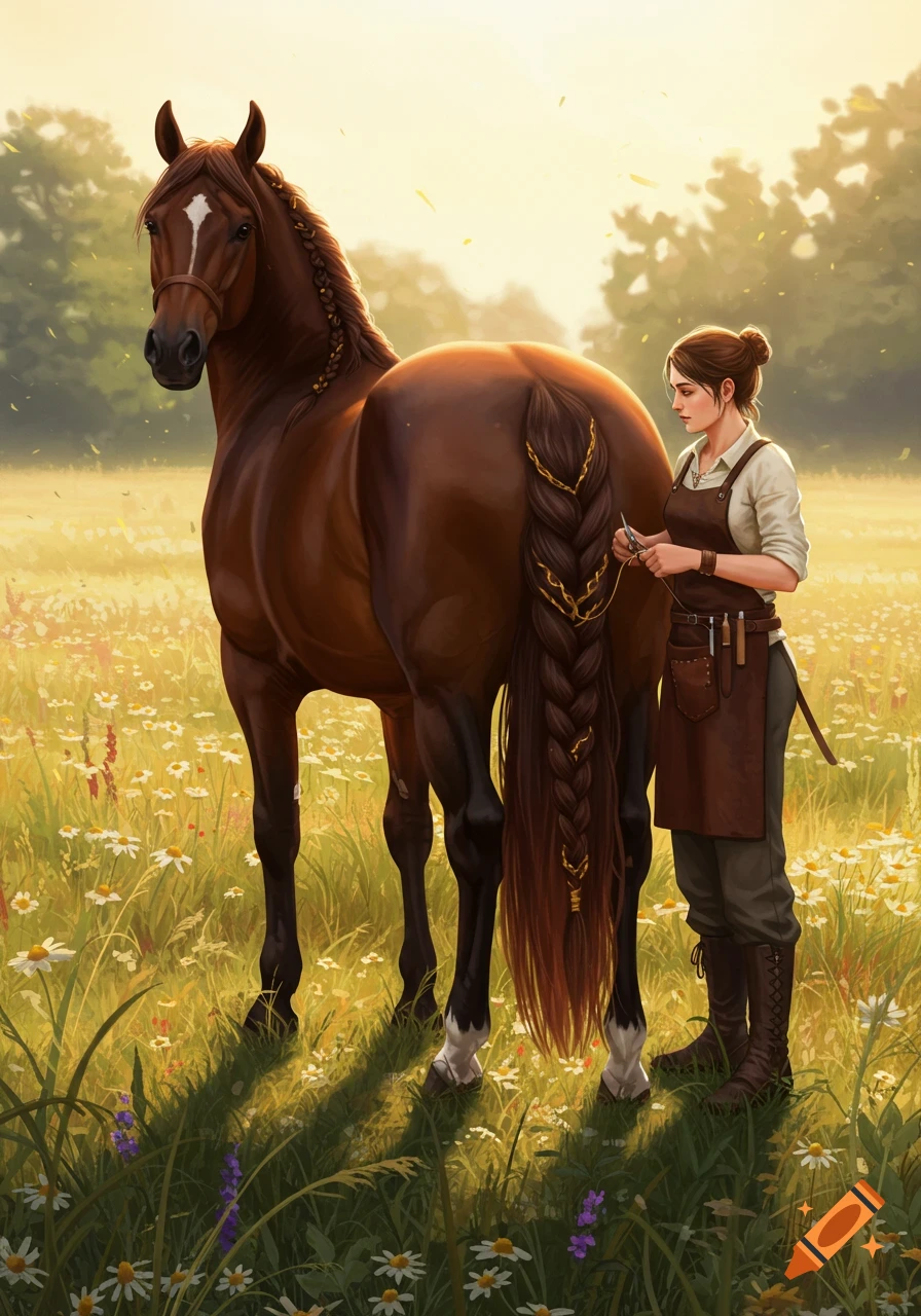 A woman braids the long, gold-accented tail of a brown horse in a sunny field of white and purple wildflowers, in a detailed illustration.