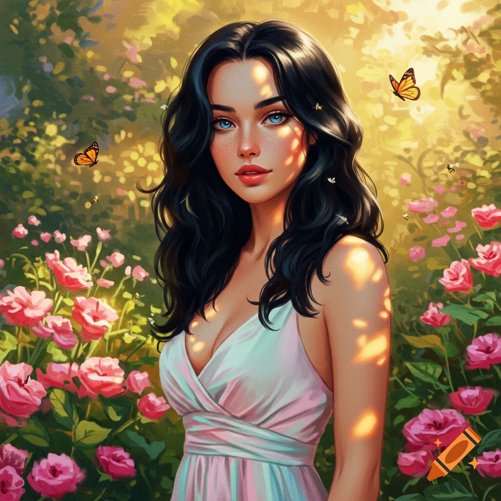 A young woman with long dark hair and blue eyes stands in a vibrant garden filled with pink roses and butterflies.