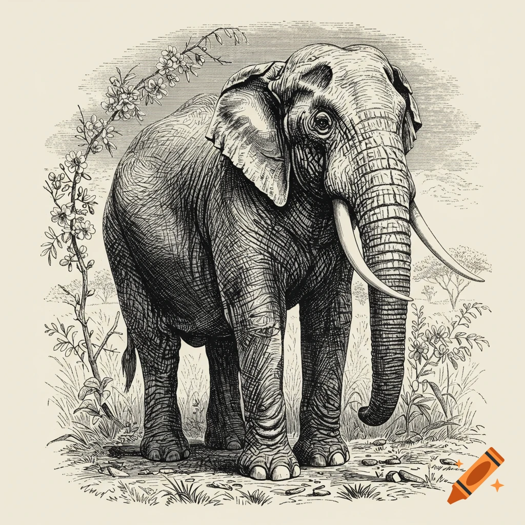 A black and white vintage illustration of an elephant standing in a grassy landscape with trees and flowering branches.