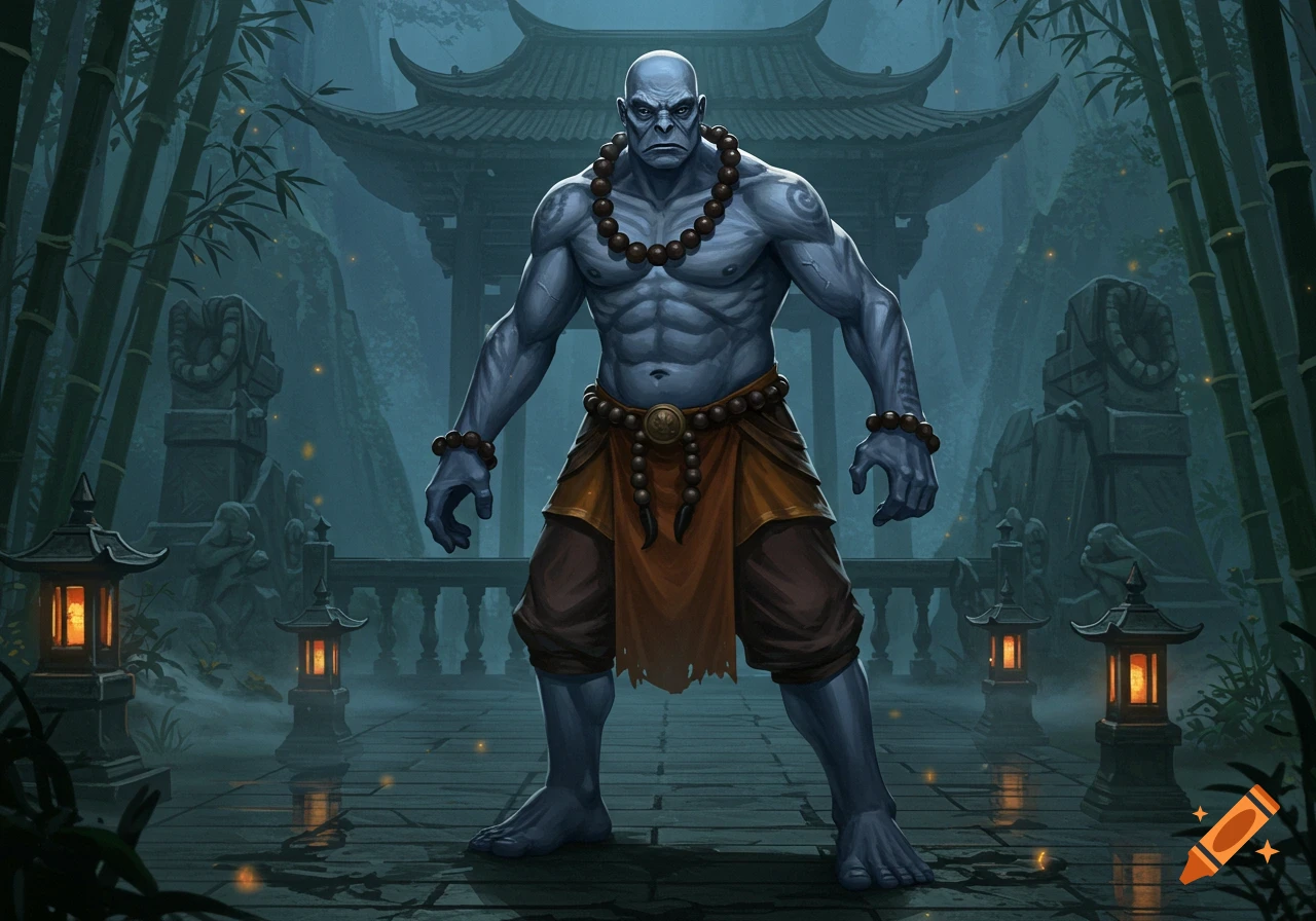 A bald, blue-gray skinned goliath monk with prayer beads stands in a misty bamboo forest temple.