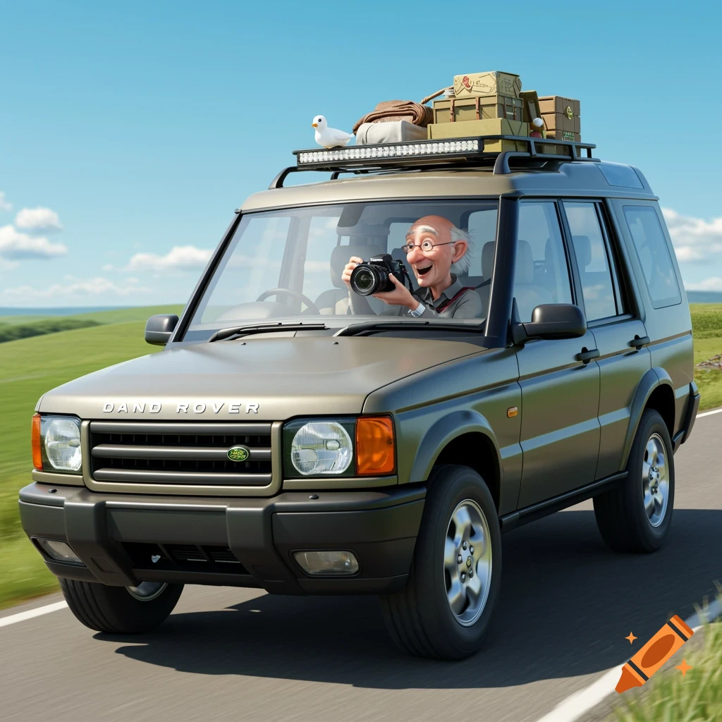 Cartoon old man in glasses driving a beige Land Rover with luggage and a bird on the roof, taking a picture with a camera.