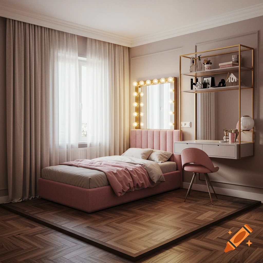 A modern bedroom with a pink bed, a floating vanity table with a Hollywood mirror, and a gold shelving unit.
