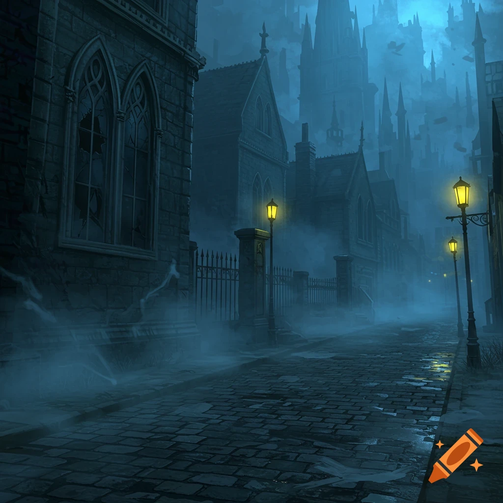 A foggy street in a gothic city at night with lamplit buildings and a hazy, blue sky.
