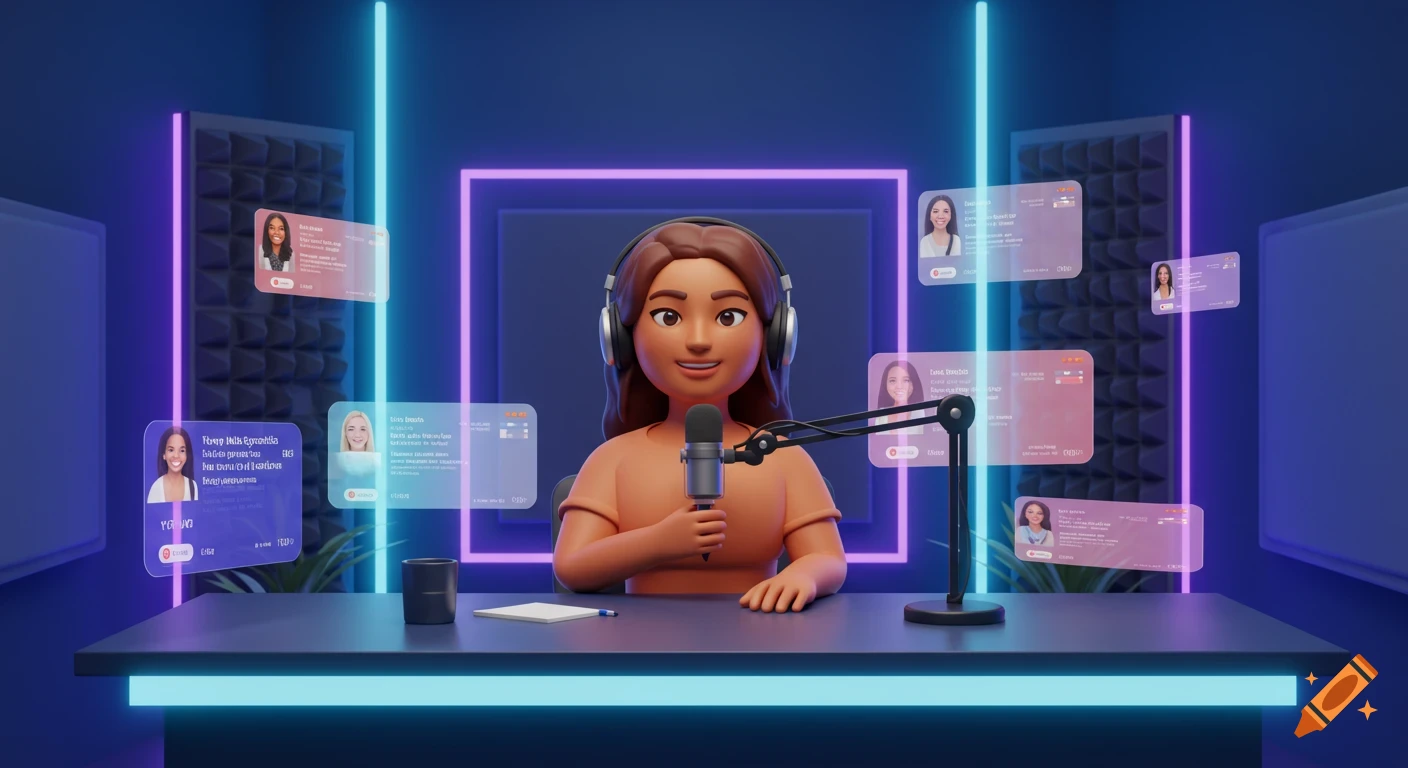 A 3D character, a woman with headphones, hosts a live stream or podcast in a studio with a microphone and floating screens depicting viewers.
