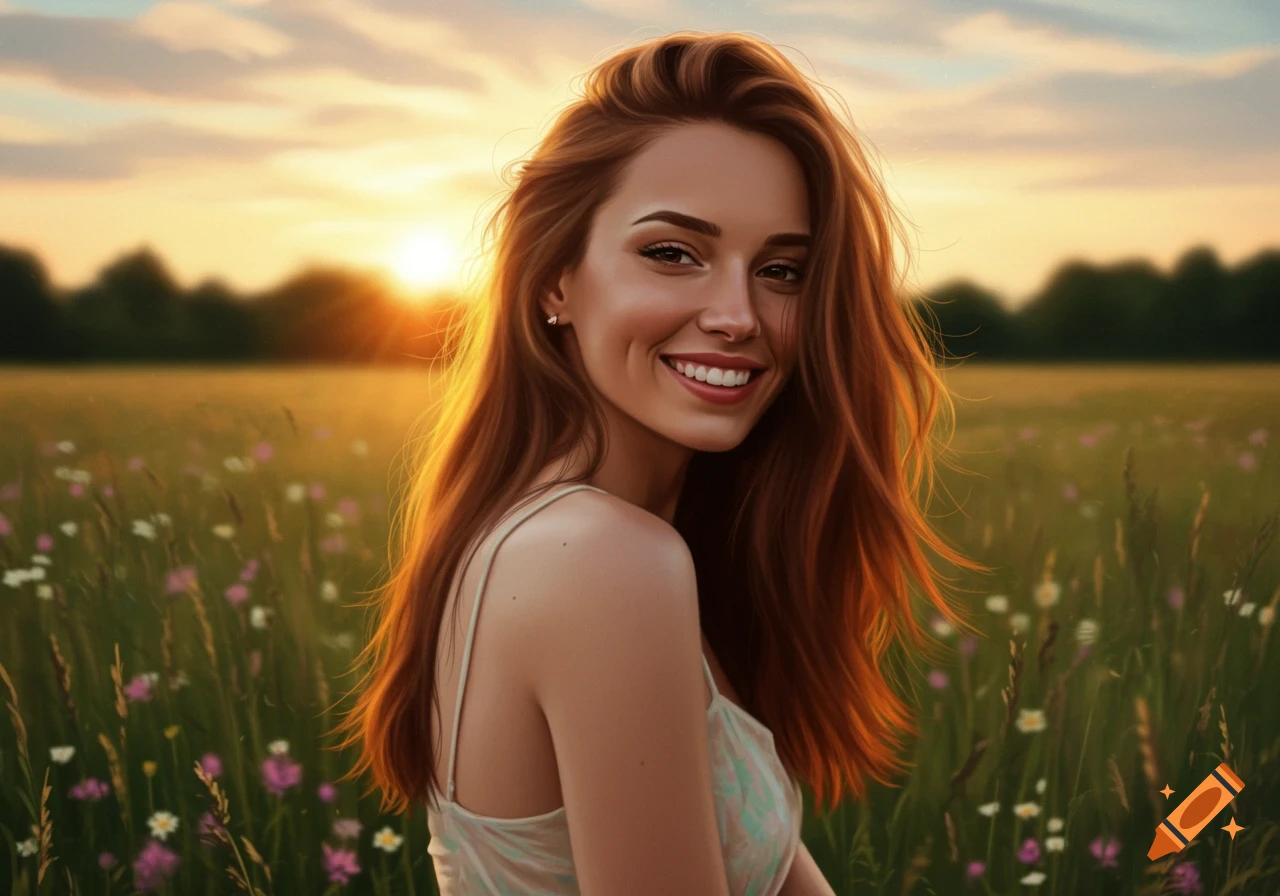 A smiling woman with long red hair looks back over her shoulder in a sunlit field with wildflowers at sunset. Photorealistic.
