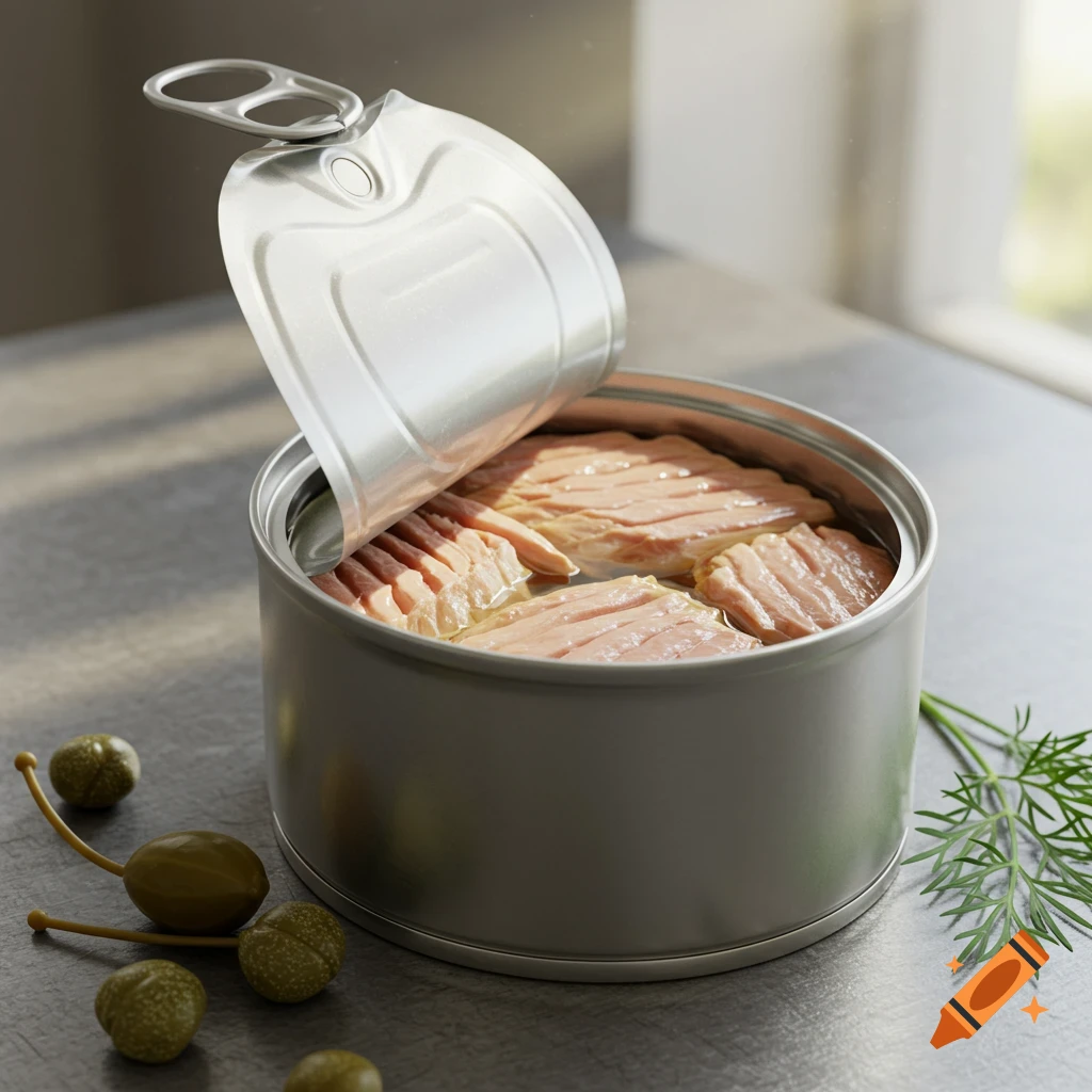 An open can of tuna fish in oil, with several capers and a sprig of dill on a stone surface.