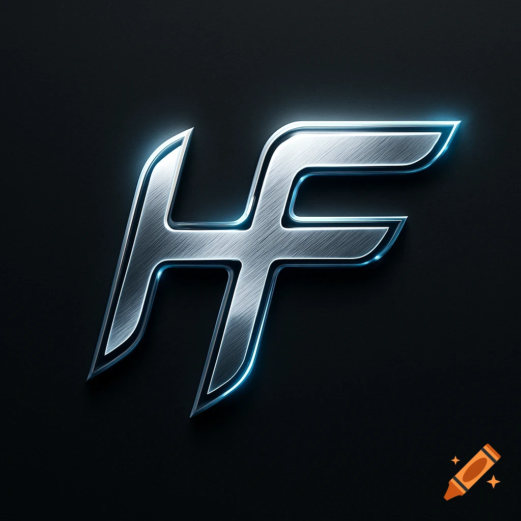 A cool, metallic logo featuring the stylized letters 'HF' with a blue glow on a dark background.