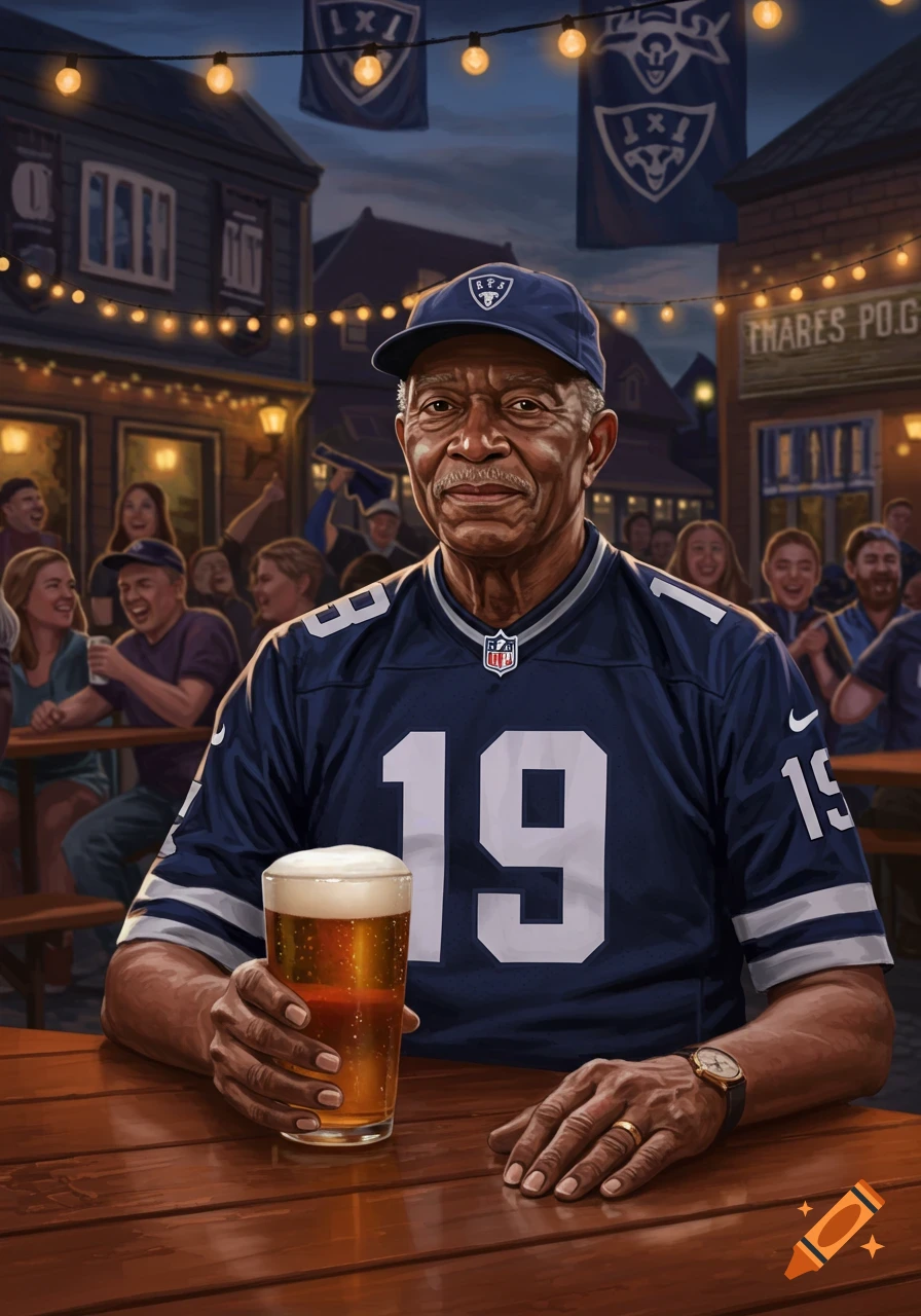 An older man in a blue number 19 football jersey sits at a wooden table holding a beer in a lively pub setting with string lights and other patrons.