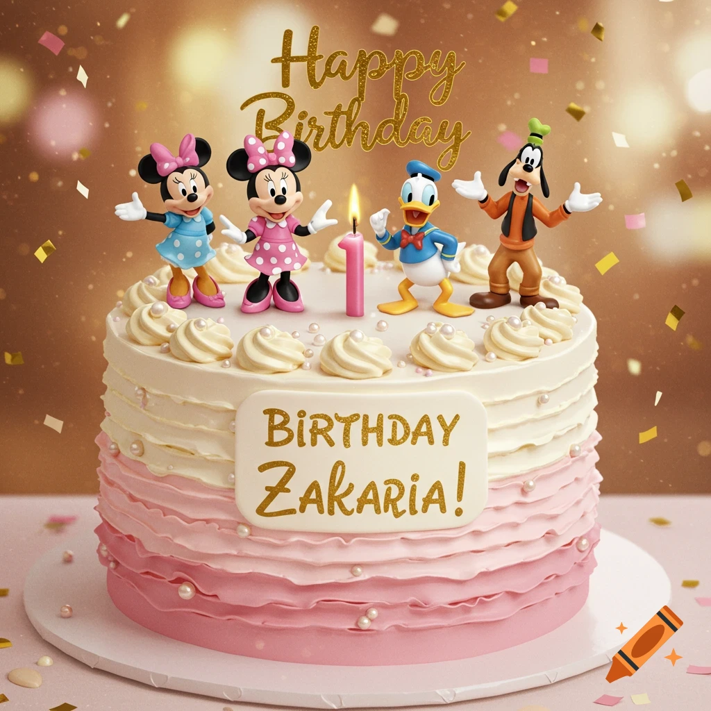 A pink and white tiered birthday cake with "BIRTHDAY Zakaria!" on a plaque, and "Happy Birthday" as a topper. Minnie Mouse, Donald Duck, and Goofy figurines stand on top, with confetti falling.