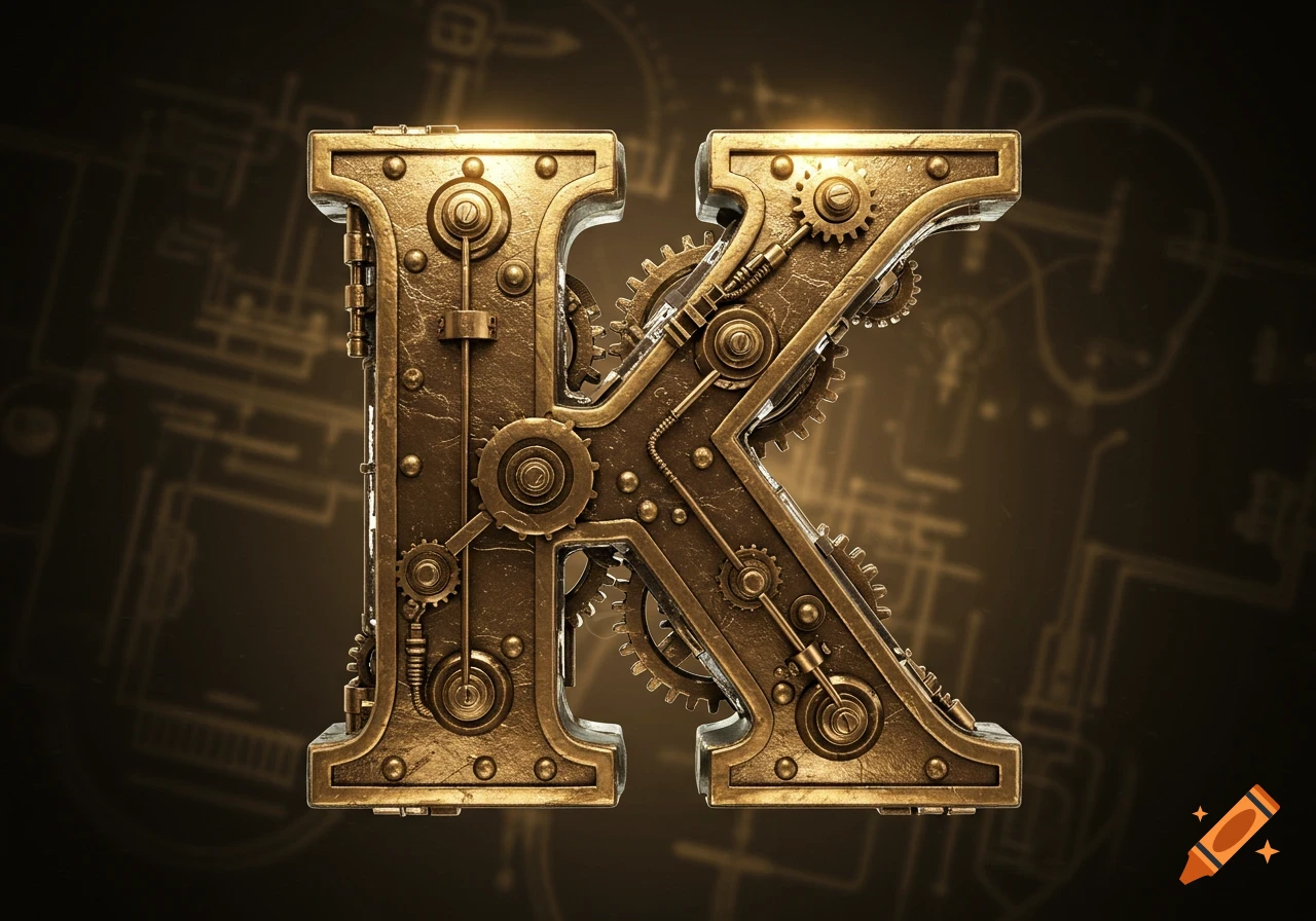 A detailed 3D rendering of a brass steampunk letter K with gears and rivets, against a dark blueprint background.