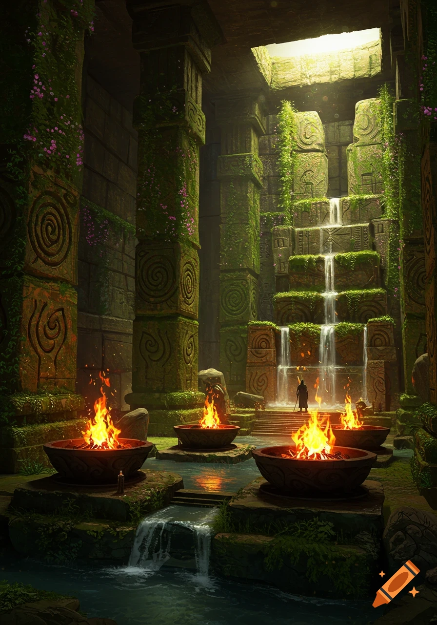 An ancient, moss-covered stone temple chamber with waterfalls, lit fire pits, and a lone figure.