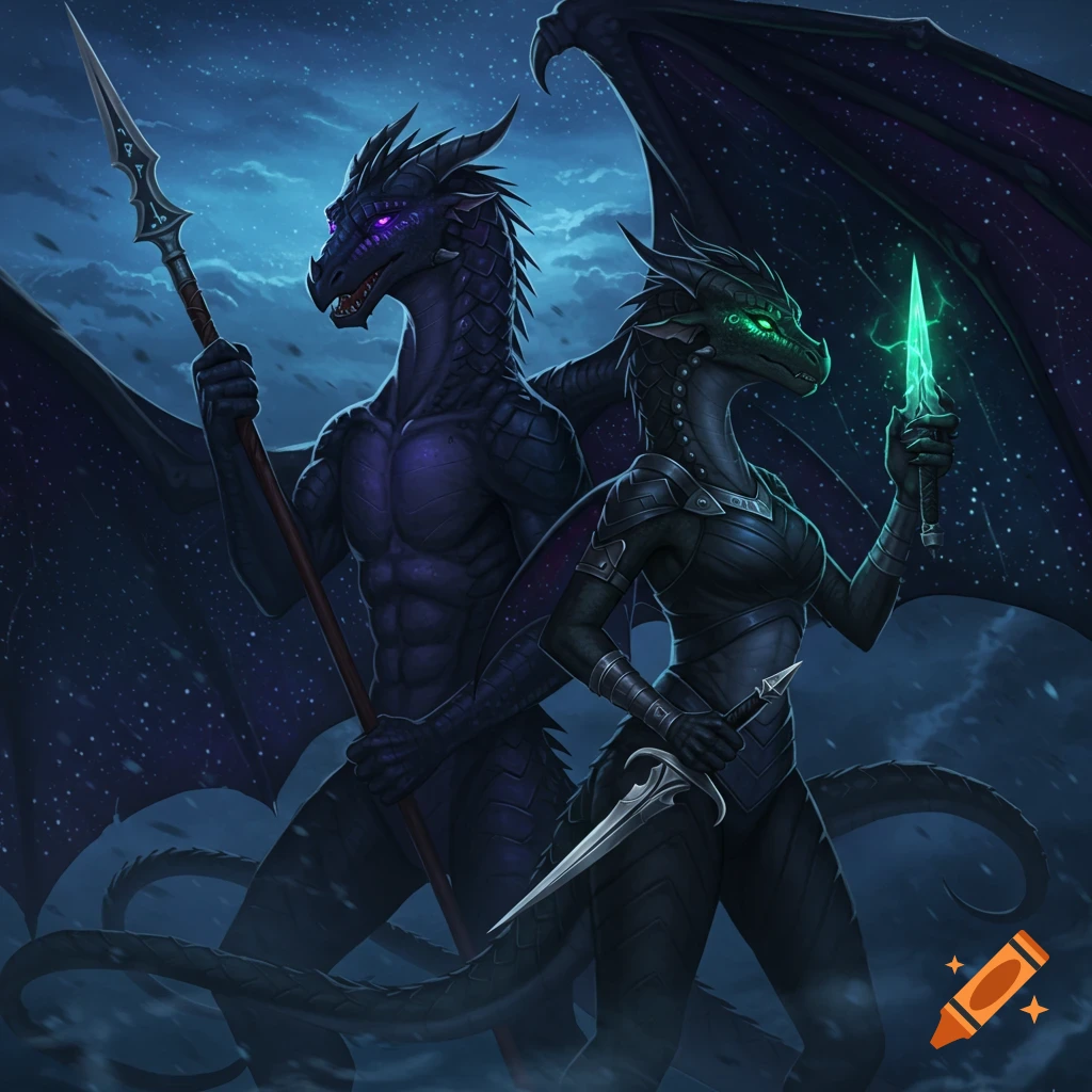 A male nightwing dragon with a spear and a female nightwing dragon with daggers stand against a stormy sky.