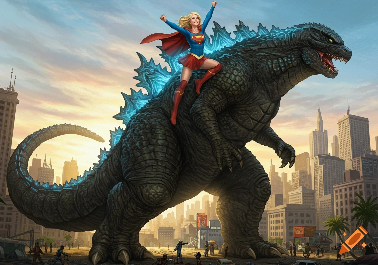 Supergirl joyfully rides on Godzilla's back, soaring above a city skyline at sunset.