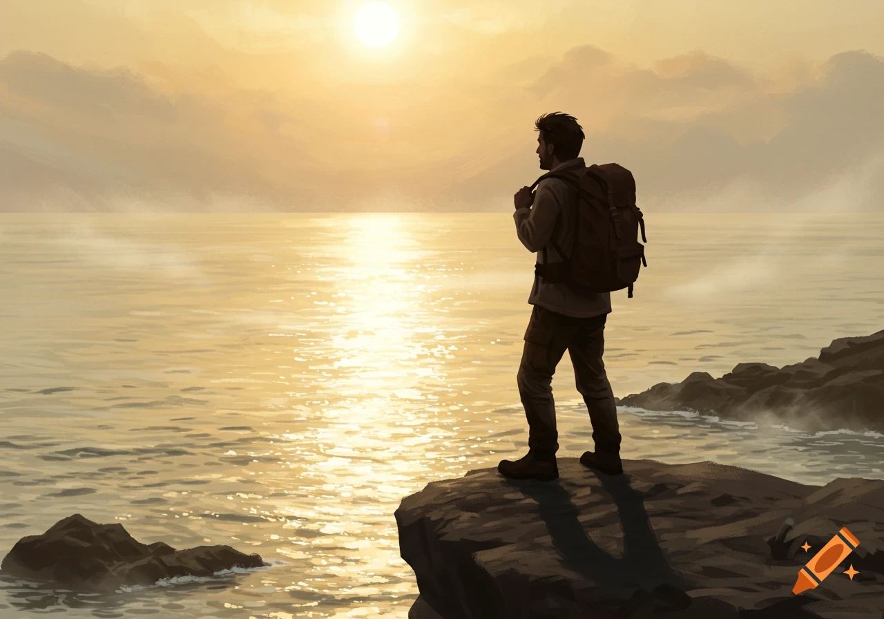 A man with a backpack stands on a rocky cliff overlooking a body of water during sunset.