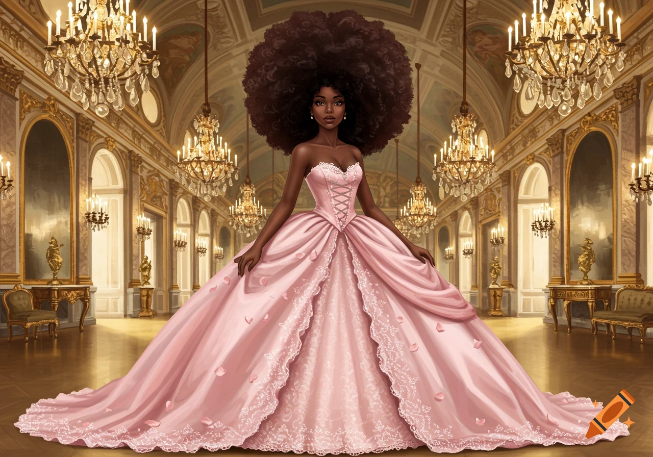 A young Black woman in a voluminous pink princess dress with lace details and a large afro stands in a grand, ornate ballroom with many chandeliers.