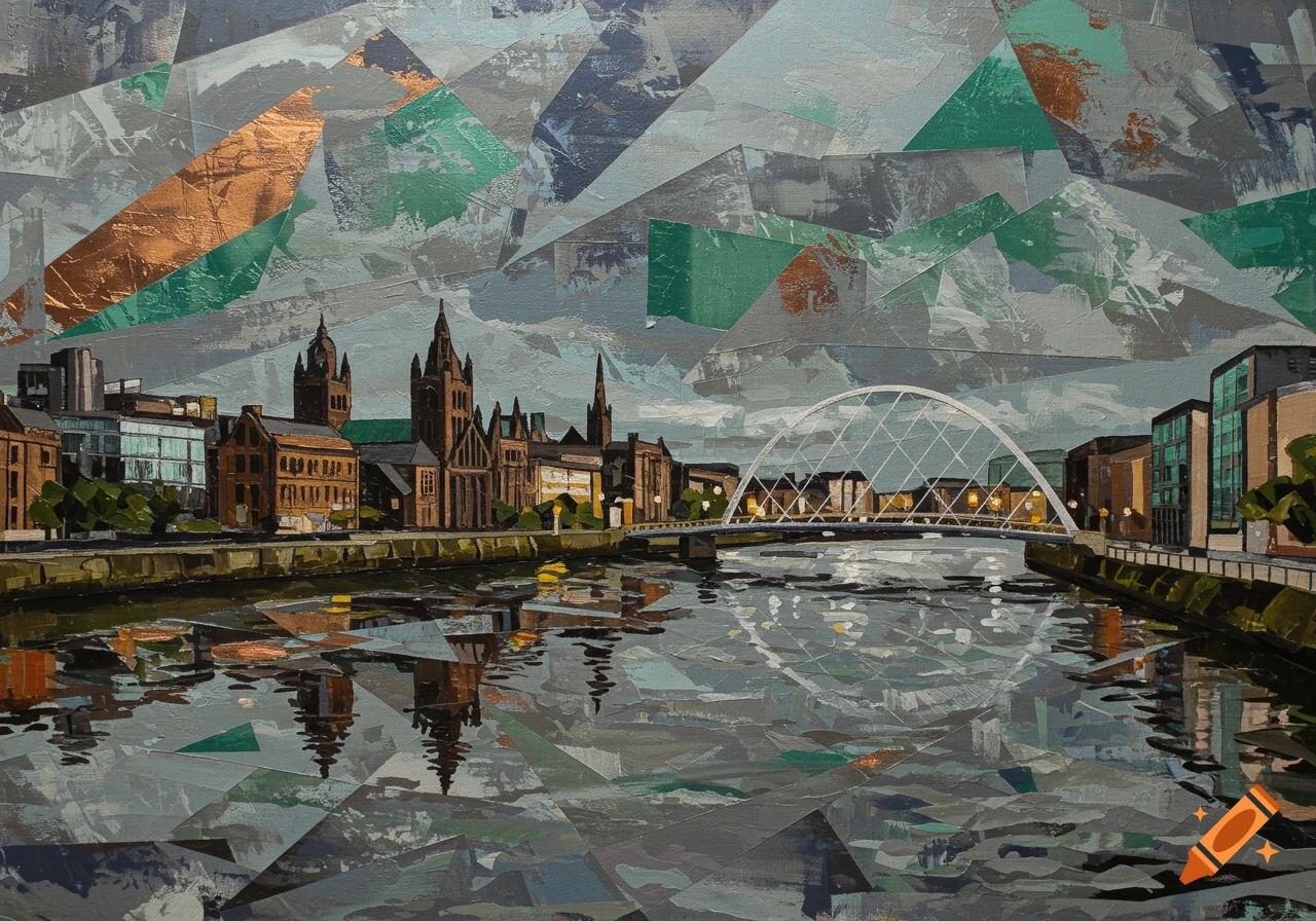 A cubist painting of the Glasgow cityscape featuring historic buildings and a modern bridge reflected in a river, under a fragmented sky.