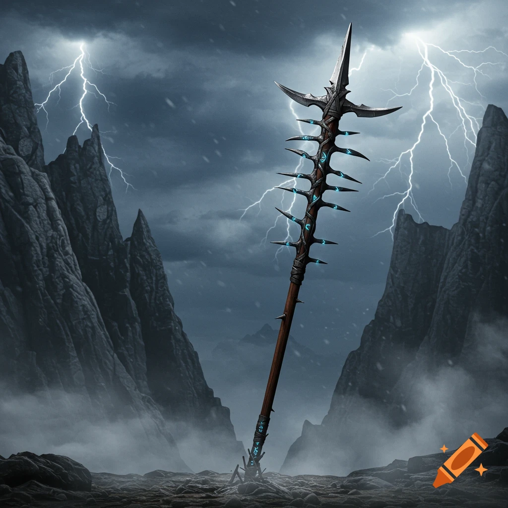A fantasy barbed spear with glowing blue runes stands upright in a stormy, rocky mountain landscape with lightning.