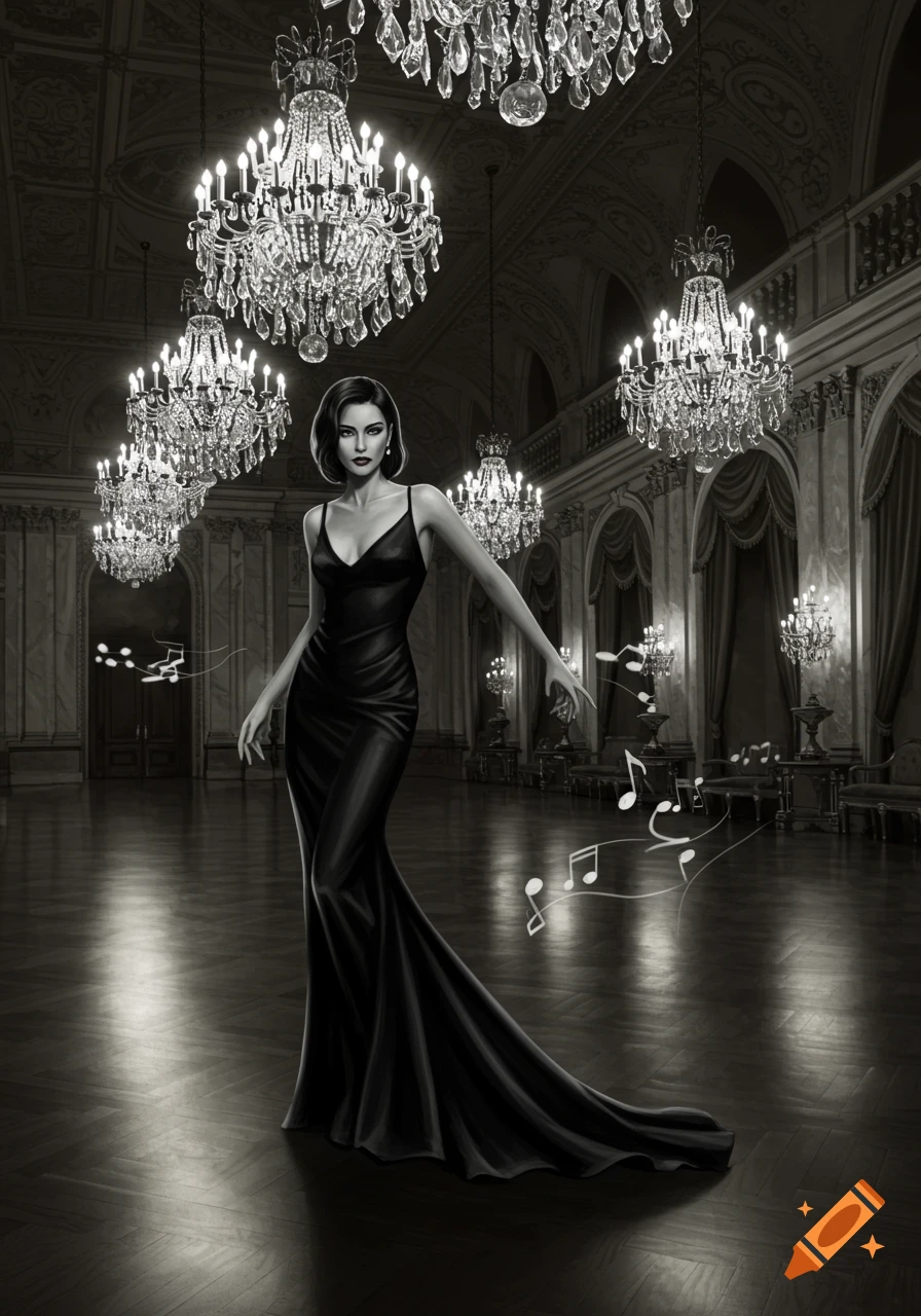 An elegant woman in a long black dress stands in a grand, chandelier-lit ballroom, with musical notes floating around her, in a grayscale, illustrative style.