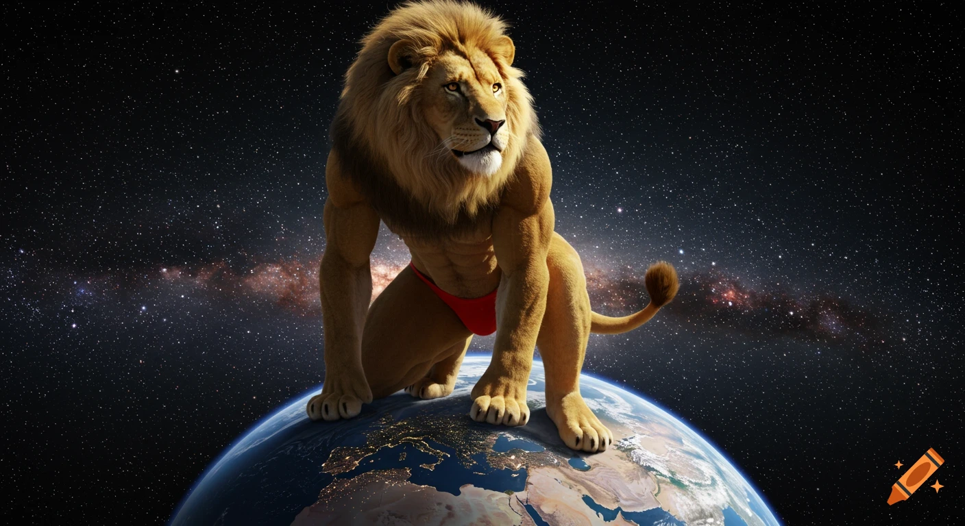 A gigantic muscular anthropomorphic lion in a red speedo kneels on Earth with a starry galaxy background.