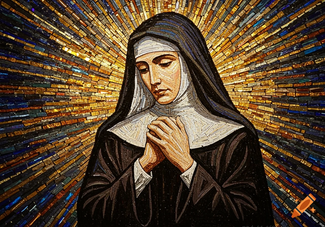A mosaic of a nun with hands clasped in prayer, surrounded by a radiant golden and blue halo.