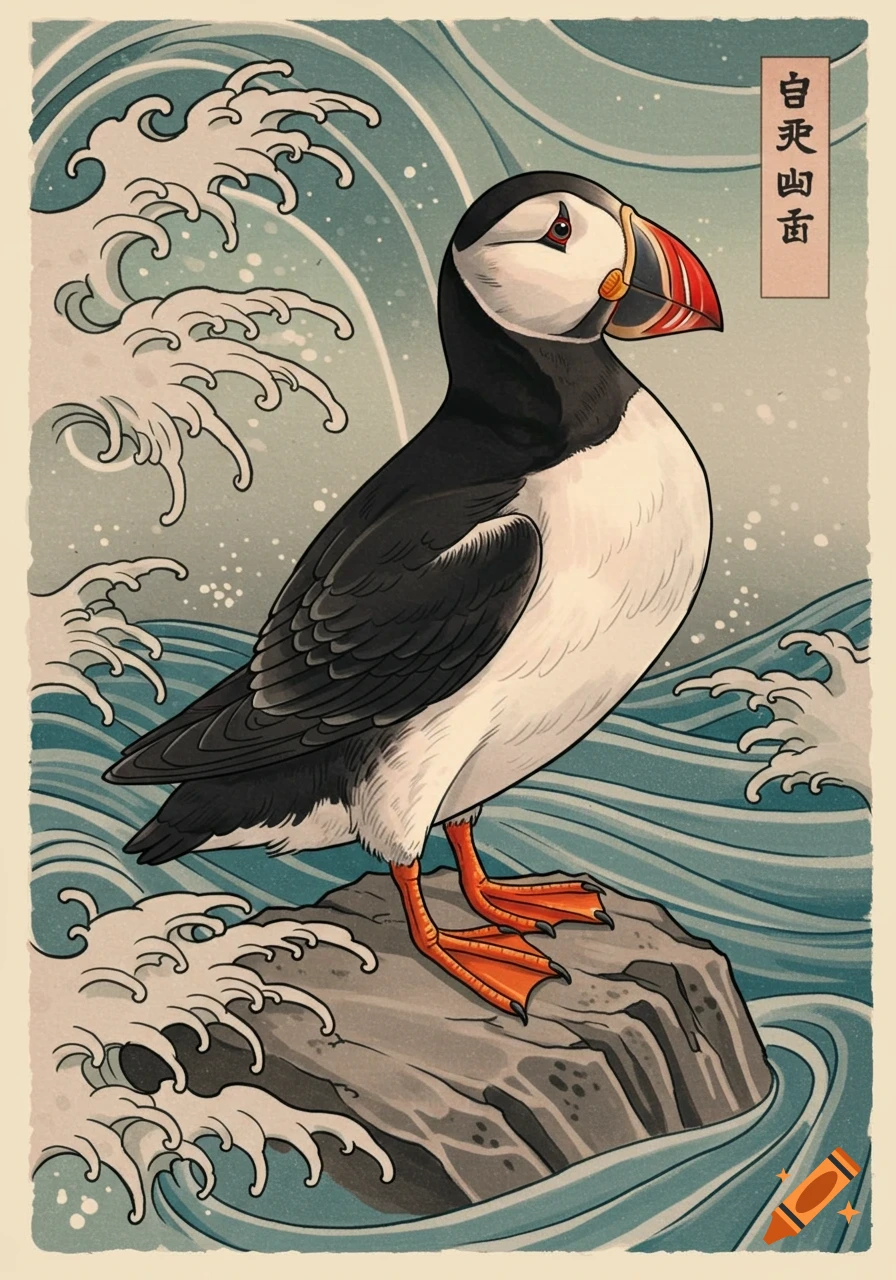 A colorful puffin stands on a rock in a stormy sea, depicted in a traditional Japanese ukiyo-e art style.