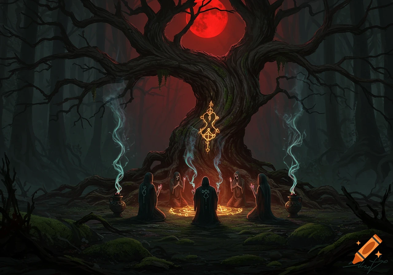 Dark fantasy illustration of hooded figures performing a ritual around a glowing magic circle under a gnarled tree and a red moon in a dark forest.