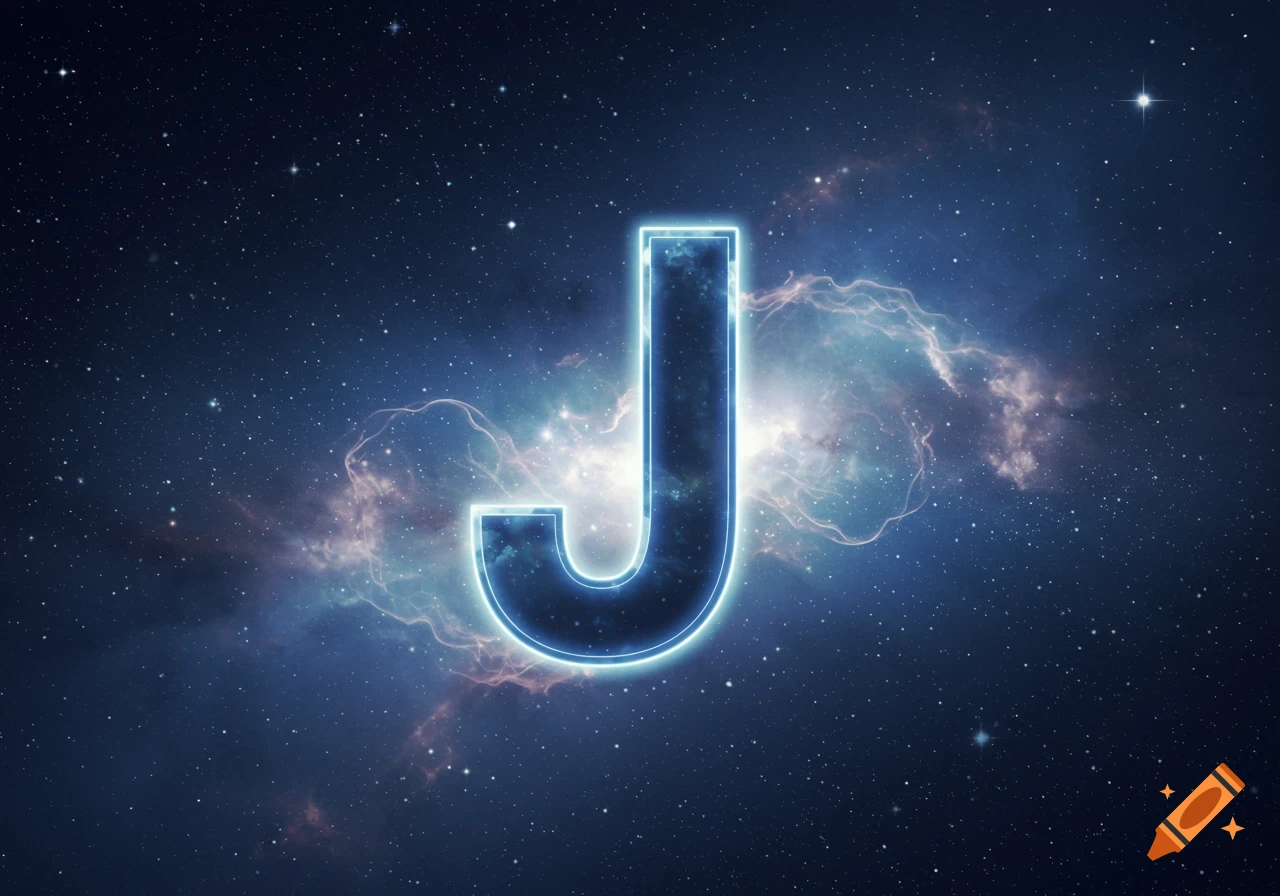A glowing blue letter J floats in deep space among stars and nebulae.