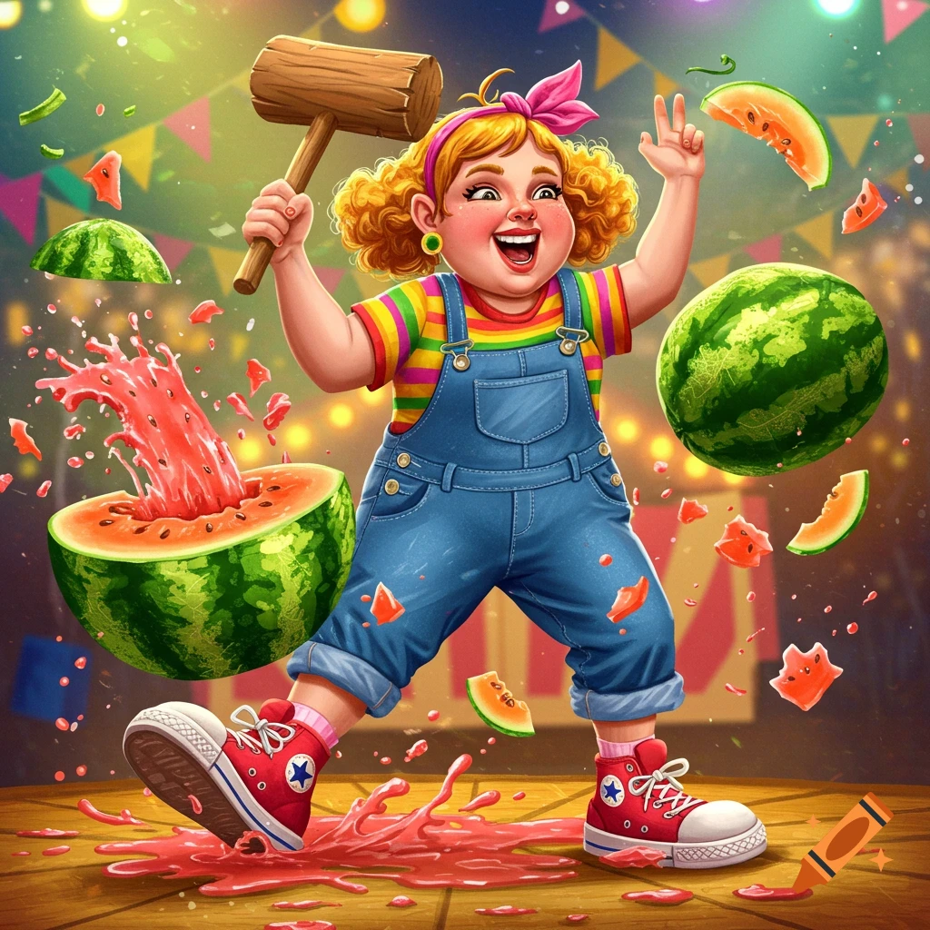 A cheerful cartoon girl in overalls smashes watermelons with a mallet on a wooden floor, with juice and fruit splattering around her.