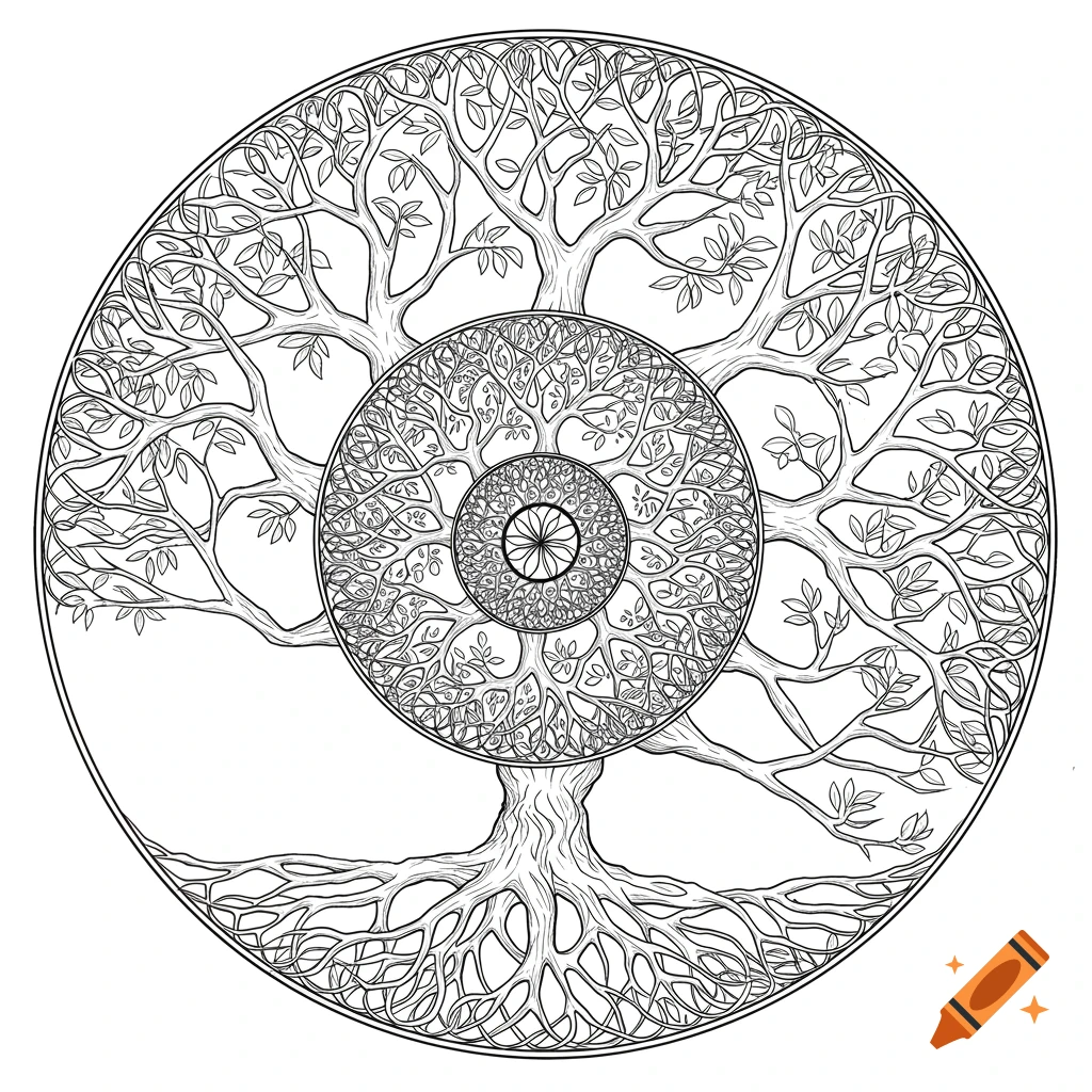 Black and white line art of a tree of life inside a circle, with roots and branches forming an intricate sacred geometry pattern.