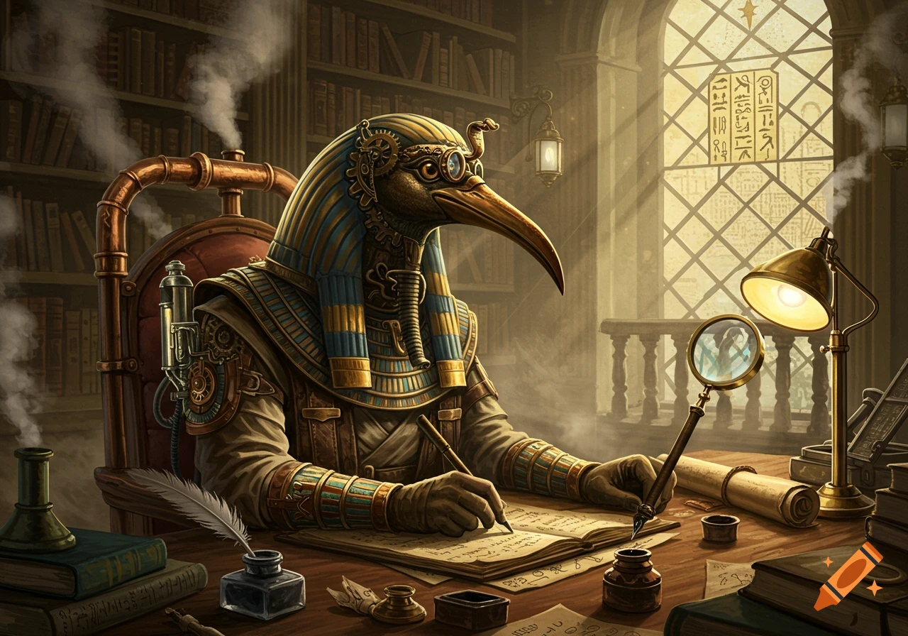A steampunk version of Thoth, an ancient Egyptian deity with an ibis head, sits at a wooden desk in a library, writing with a quill and holding a magnifying glass. Steam rises from pipes on his chair, and light streams through a window with hieroglyphs.