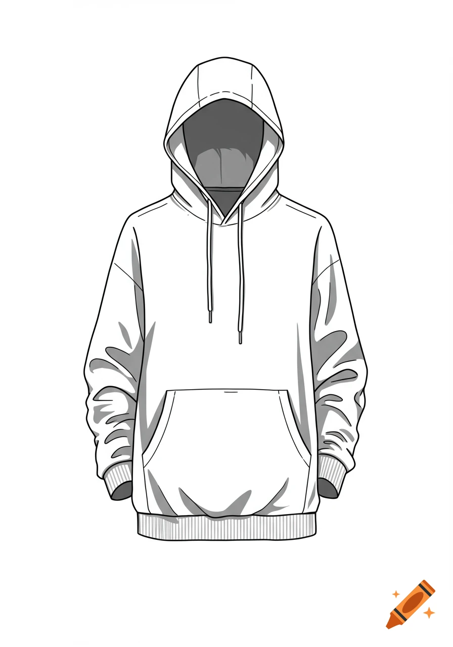 A clean line art drawing of a white hoodie with dark shading.