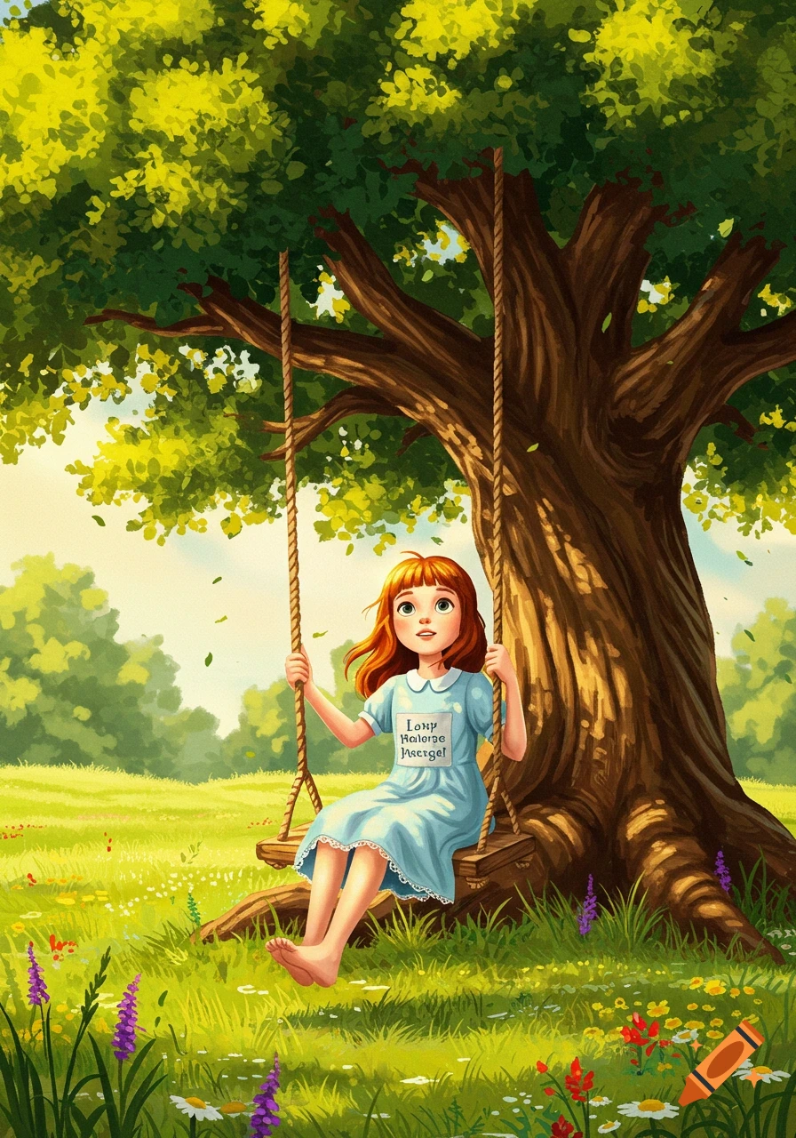 An illustration of a red-haired girl in a blue dress swinging on a rope swing attached to a large tree in a grassy field with flowers.