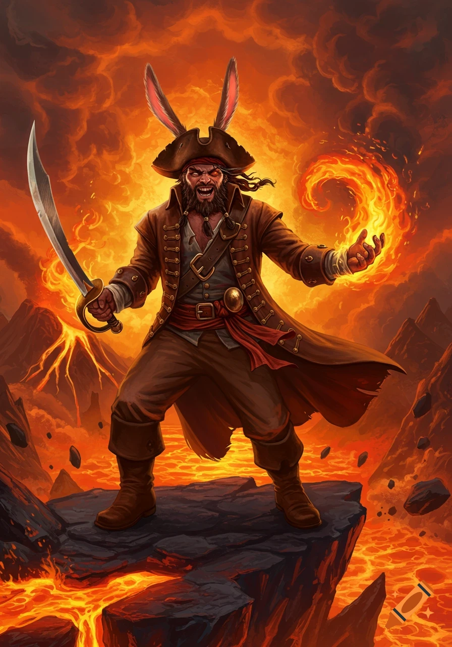 An illustrated pirate with bunny ears, an evil look, holding a sword and wielding fire, standing over lava.