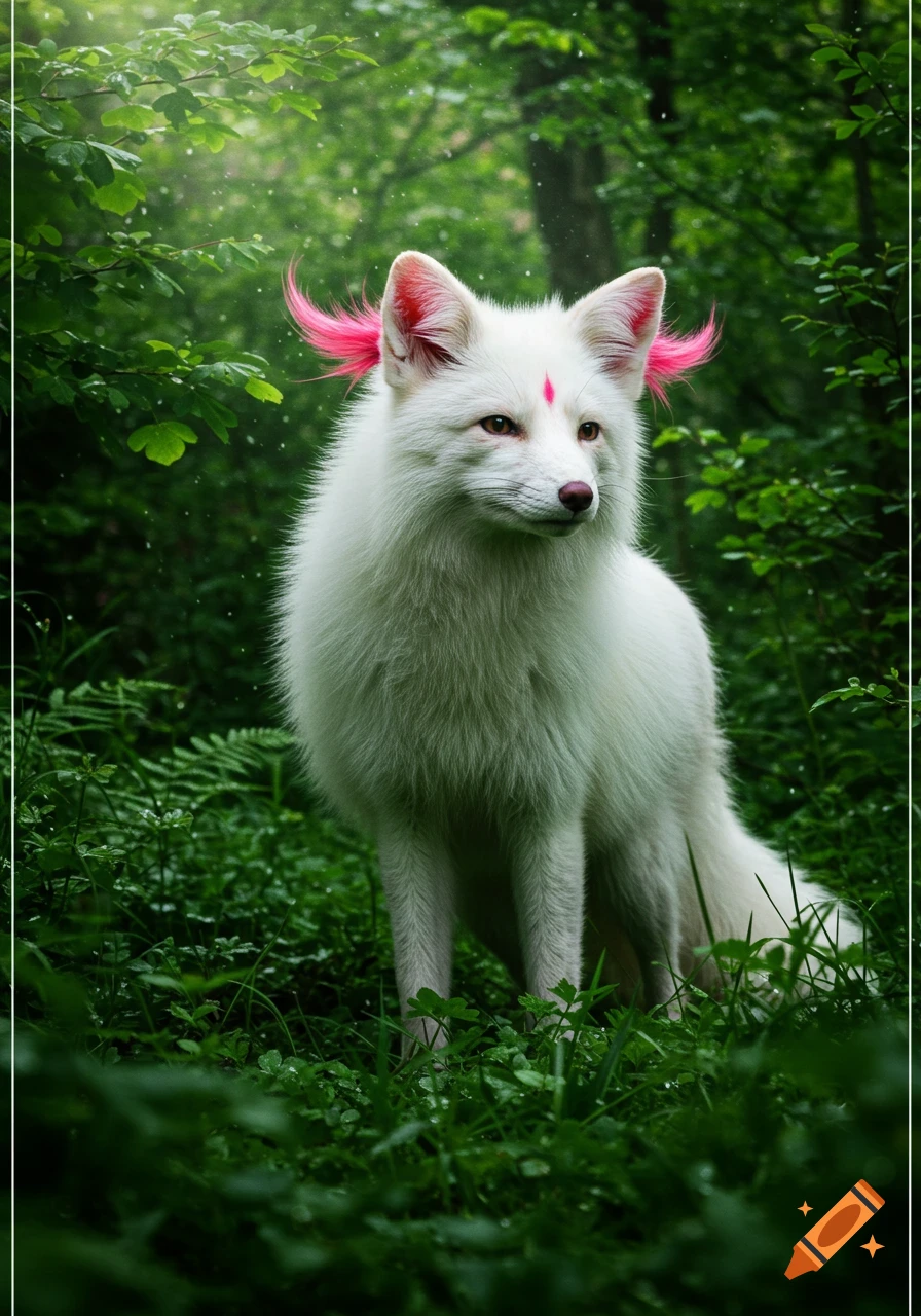 A photorealistic white fox with bright pink ear tufts and a pink forehead mark stands in a lush green forest.