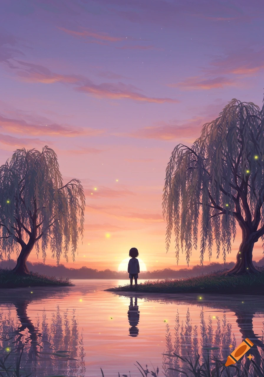 A solitary child-like figure stands on the edge of a lake, gazing at a vibrant sunset between two weeping willow trees with glowing lights in a digital art style.