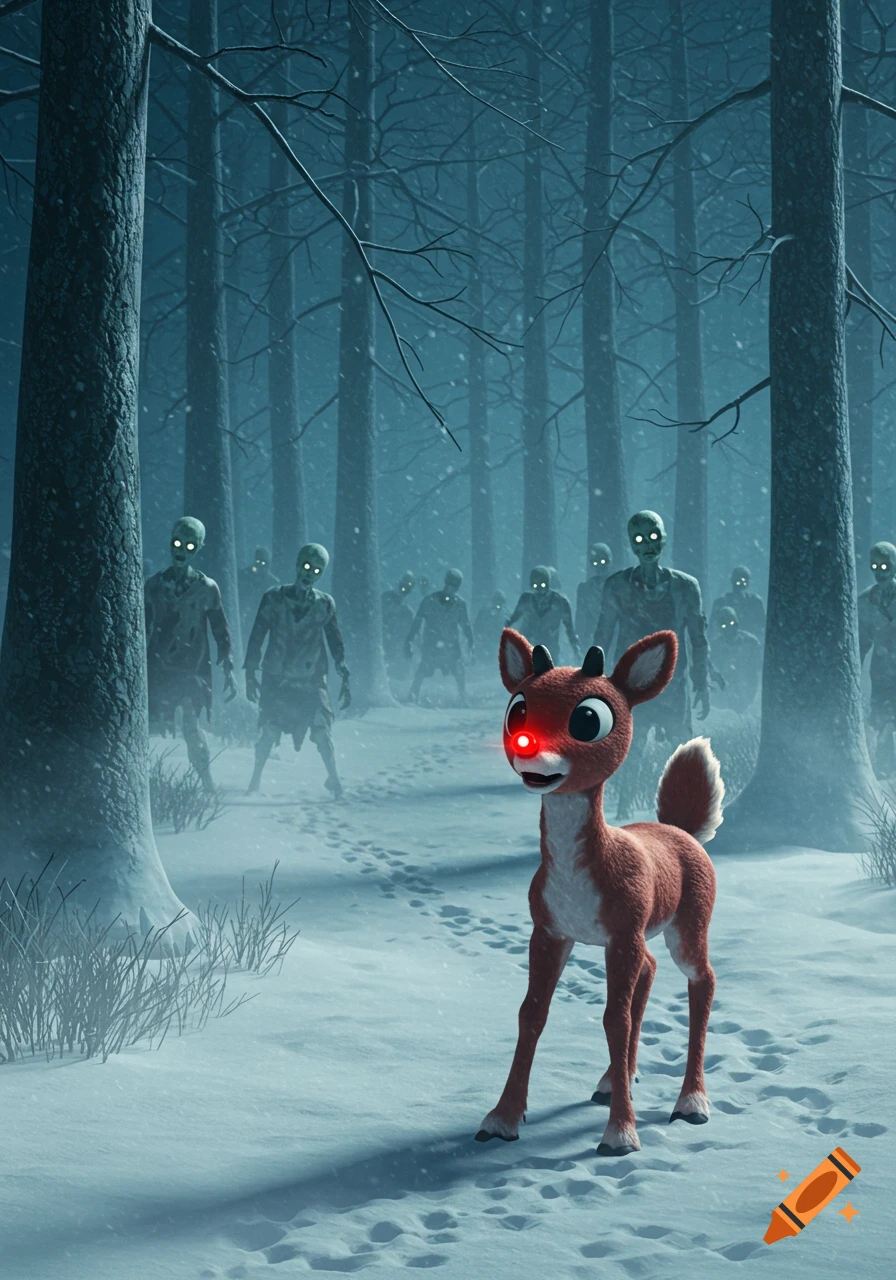Rudolph the Red-Nosed Reindeer stands in a snowy forest with a horde of glowing-eyed zombies in the background.