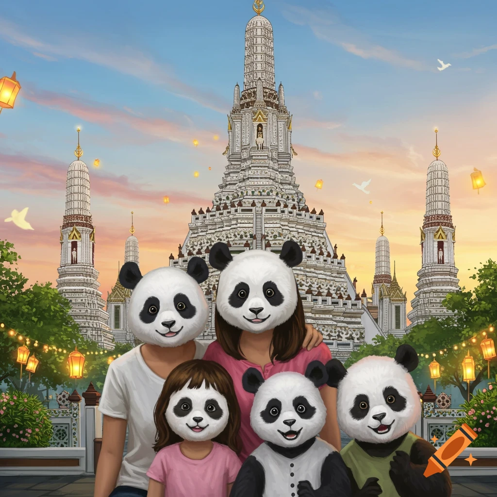A family of four with panda heads poses in front of the ornate Wat Arun temple in Bangkok, against a colorful sunset sky.