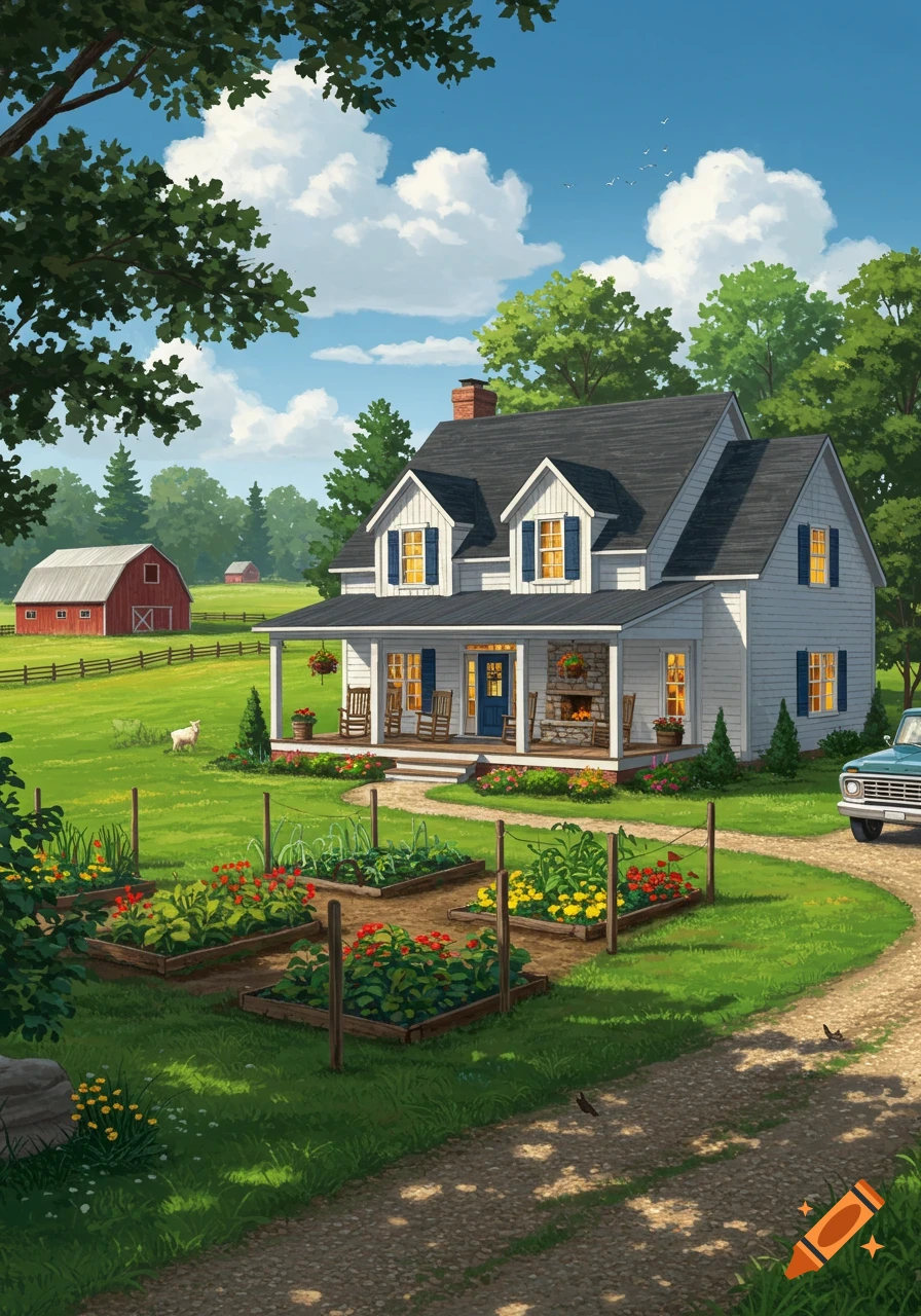 Illustrated white two-story farmhouse with blue shutters, porch, garden, red barn, and vintage truck on a green farm under sunny skies.