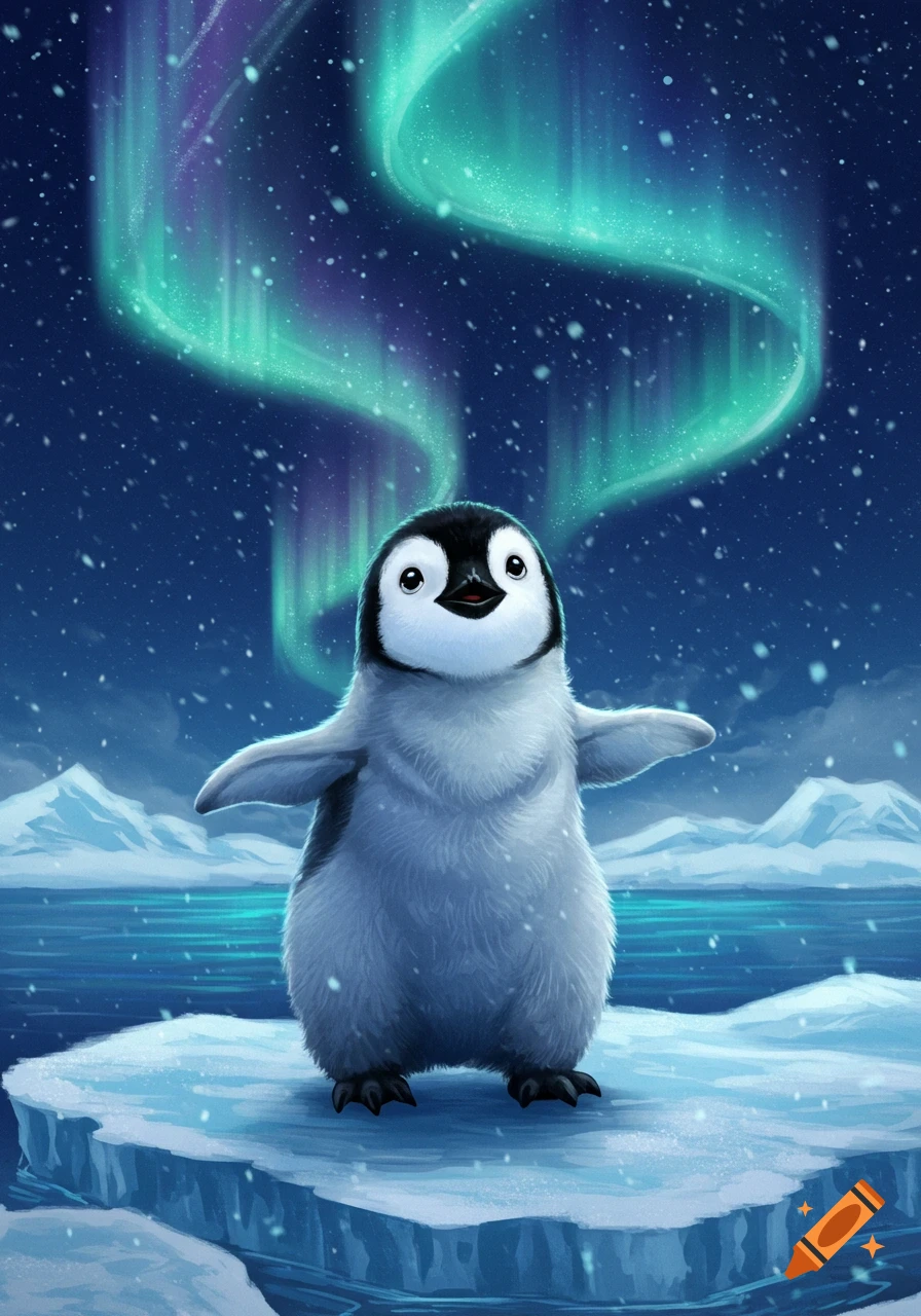 A cute baby penguin stands on an ice floe under a vibrant green and purple aurora borealis and falling snow in a digital illustration.