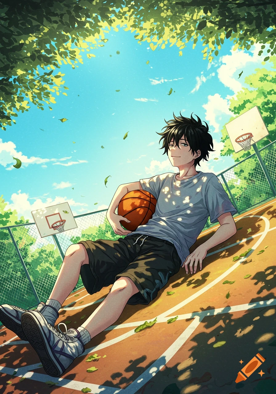 Anime boy with black hair sitting on a sunlit basketball court, holding a basketball, looking relaxed.