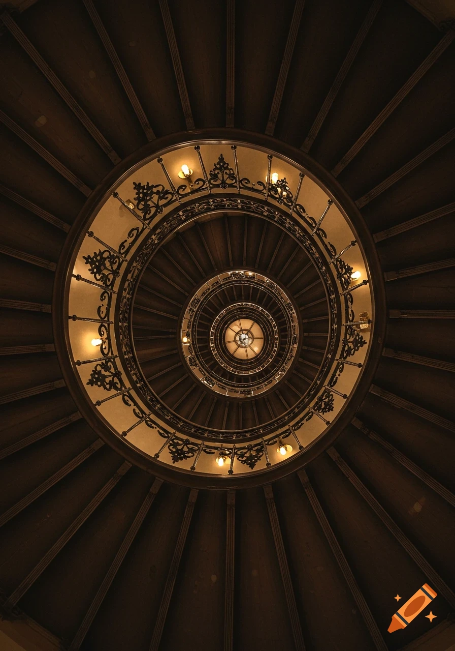 Looking up a dark, elegant spiral staircase with ornate black iron railings and warm lights embedded in the ceiling.