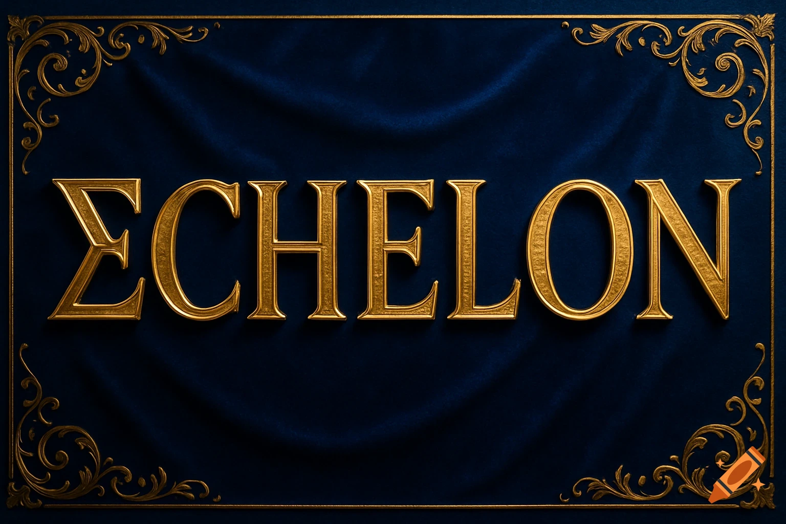 A dark blue velvet banner with gold filigree and the word 'ΣCHΣLON' in embossed golden letters.