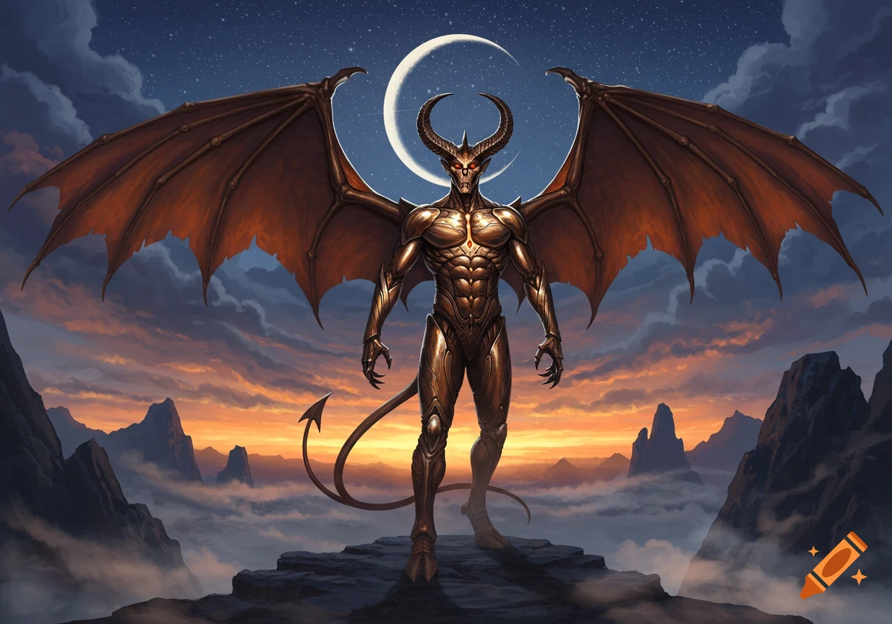 A brass-skinned devil with horns and large wings stands on a rocky peak under a crescent moon and starry sky at sunset.