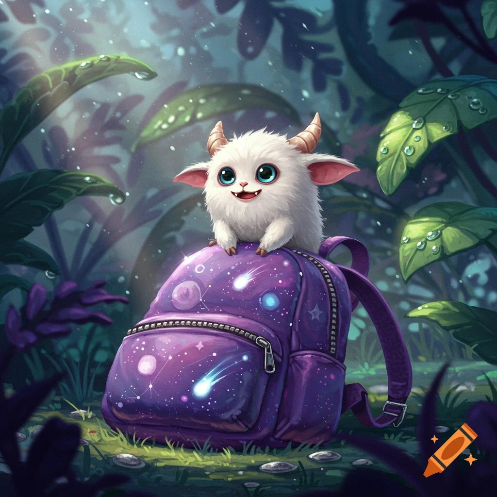 A cute, fluffy white monster with blue eyes and small horns sits on a purple backpack decorated with stars and planets in a magical forest.