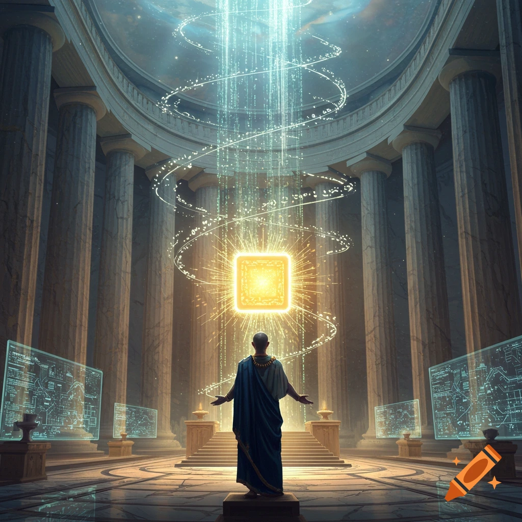 A robed figure stands in a grand, pillared temple, arms outstretched toward a glowing AI core with light beams and swirling energy. Digital screens flank the scene.