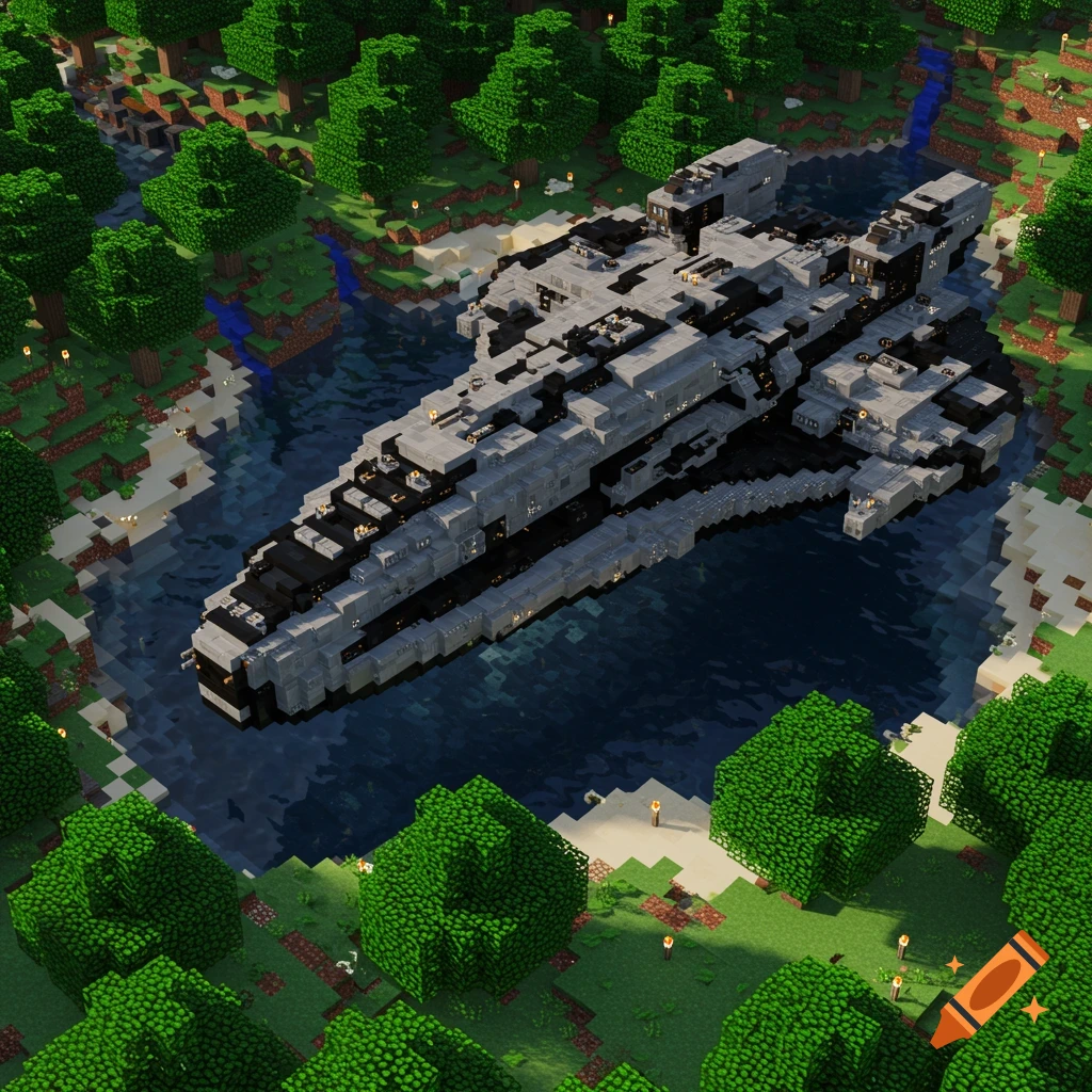 A large, blocky grey and black spaceship floats on water in a blocky green forest landscape, in a Minecraft-like style.