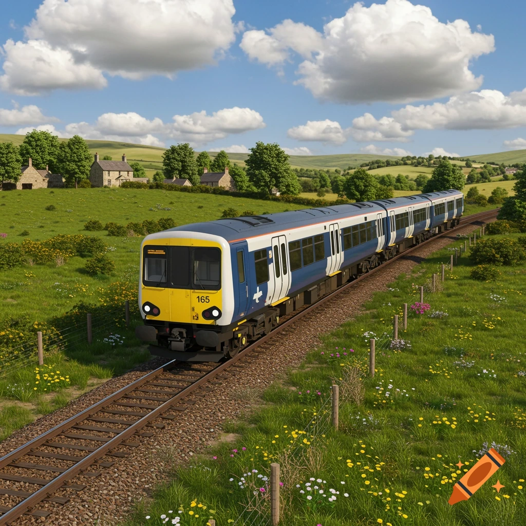 A photorealistic blue and yellow Class 165 train travels through a lush green countryside with rolling hills and scattered houses under a blue sky with clouds.